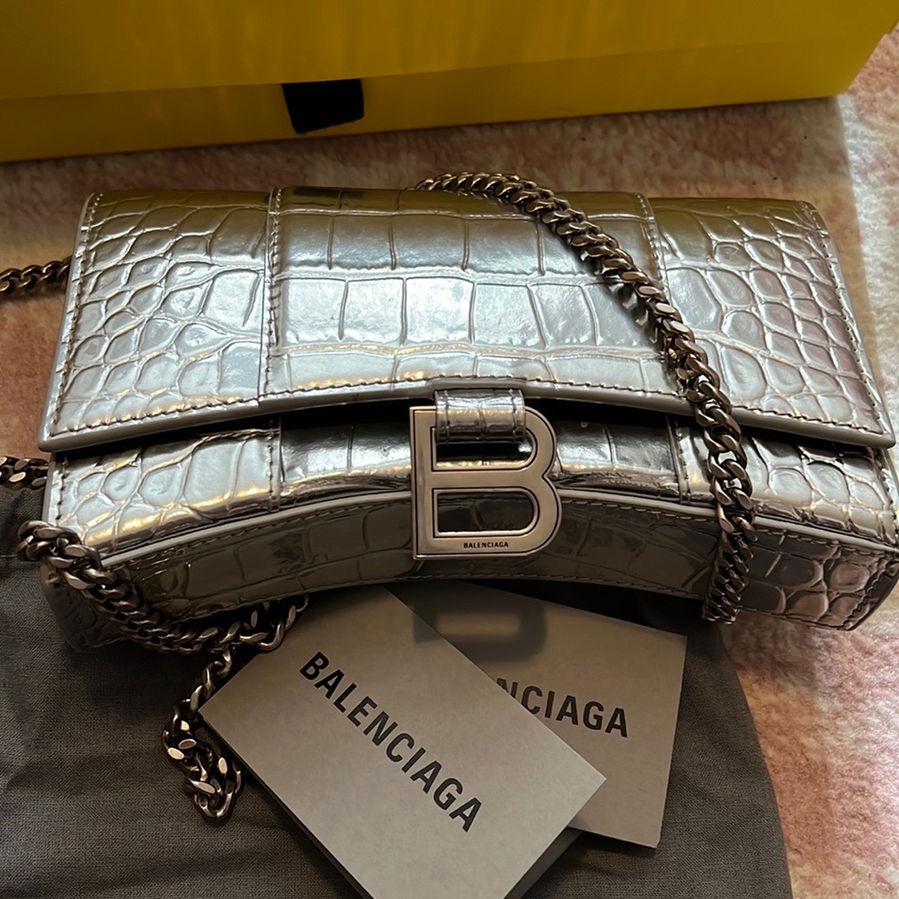 Balenciaga Hourglass Metallic Moc-Croc Chain Bag
